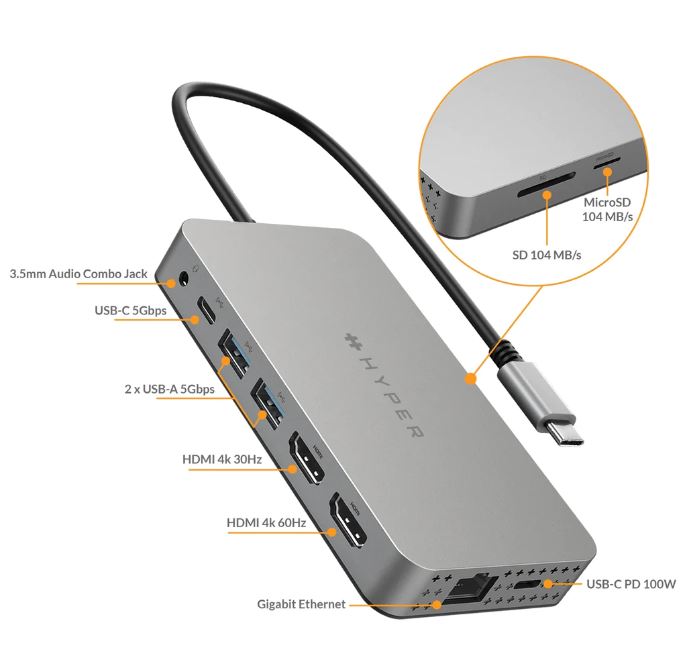 Hub USB-C HyperDrive Dual 4K HDMI 10-en-1 pour MacBooks M1/M2 – Argent